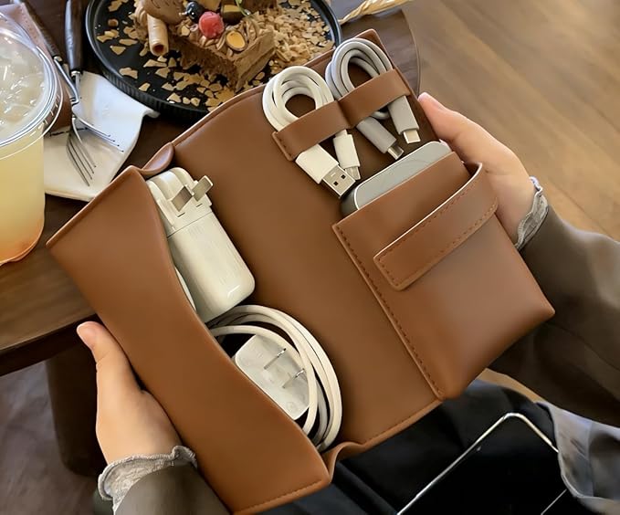 DUWUZEST Vintage Pu leather Electronic organizer travel case,cord organizer travel, Leather charger shortage for essentials mouse, adapter, cables (vintage brown)