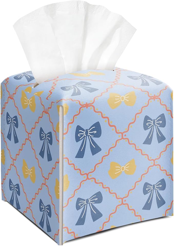 Blue Gingham Bow Tissue Box Cover Square, Vintage Leather Tissue Holder with Bottom Belt, for Nightstands Desks Office Bathroom Car Vanity Home Decor Supplies -007