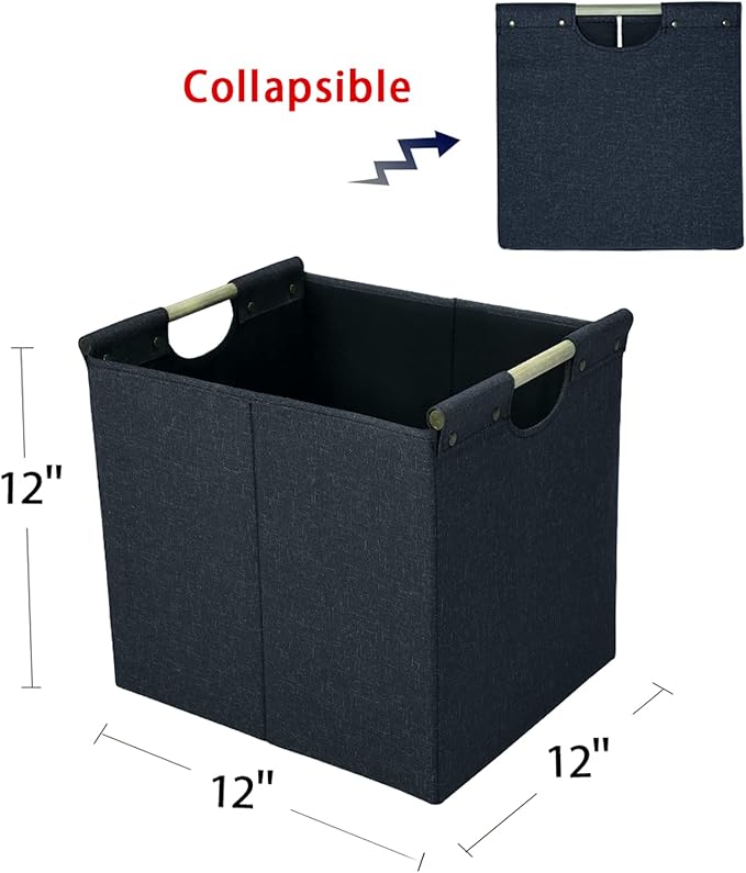 HOONEX Collapsible Storage Bins, 12x12x12in Storage Cubes Linen Fabric, 3 Pack, Storage Baskets with Wooden Carry Handles and Sturdy Heavy Cardboard, for Home, Office, Car, Nursery, Dark Grey