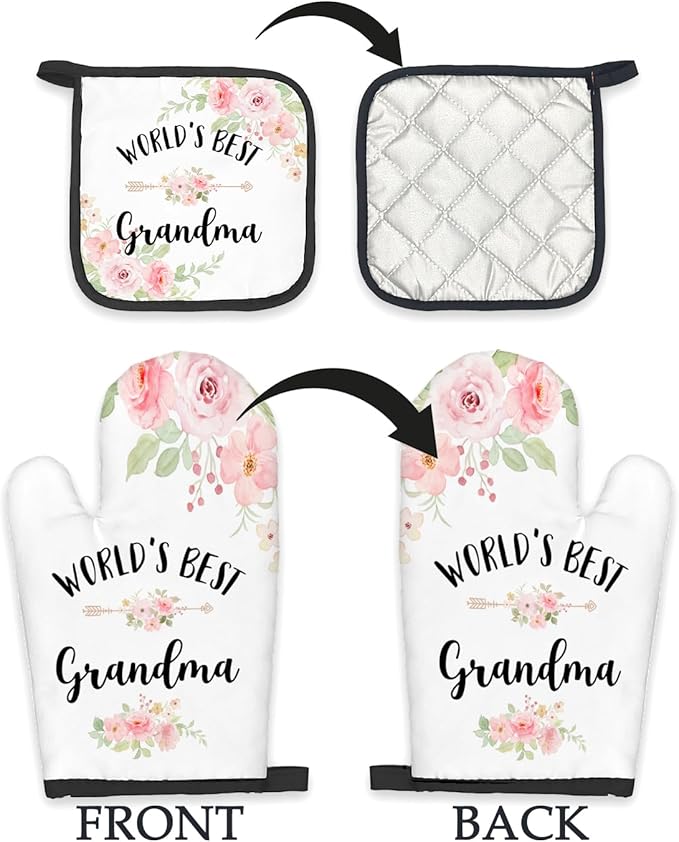 Grandma Gifts Oven Mitts and Pot Holders Sets, Gifts for Grandma from Grandkids Kitchen Decor Accessories Sets, World’s Best Grandma Heat Resistant Oven Glove Potholders for Kitchen Cooking