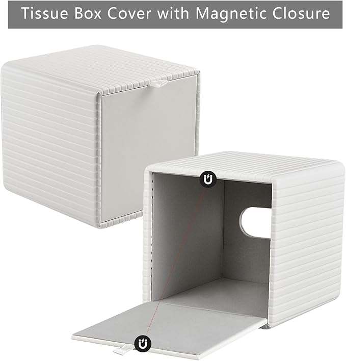 XNONE PU Leather Tissue Box Cover Square Tissue Box Holder for Bathroom Vanity Countertop Night Stands Bedroom Office Desk,Modern Tissue Decorative Organizer with Magnetic Closure (Cream White)