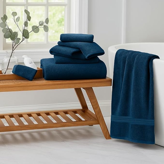 RIVERSIDE Pack of 8 Towels Set, 2 Large Bath, 2 Hand, 4 Face Washcloths, 100% Cotton Hotel Quality, Super Soft, Quick Dry, Highly Absorbent Perfect for Bathroom, Blue Opal
