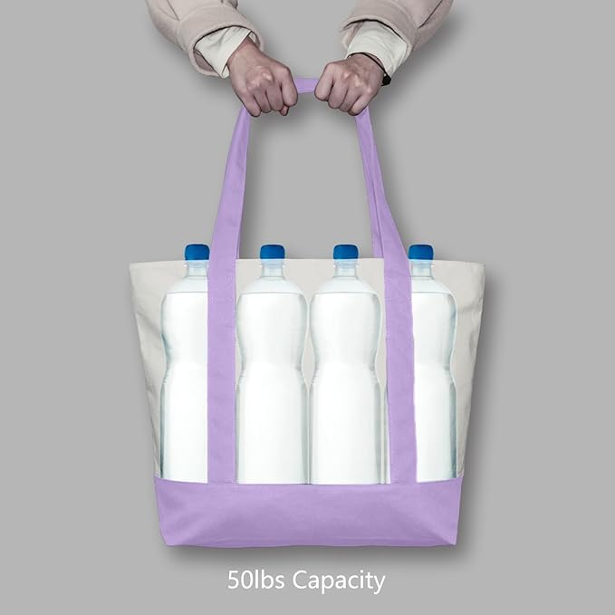 TOPDesign 3-Pack Canvas Tote Bags with an External Pocket, Reusable Grocery Shopping Bags, Top Zipper Closure, Daily Essentials (Lavender/Natural)