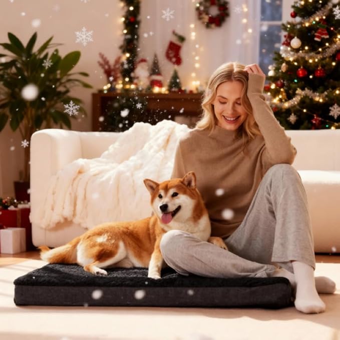 Patas Lague Orthopedic XL Dog Bed Large Sized Dog 48''X30'', Soft Waterproof Egg Crate Foam Large Pet Crate Beds Mat with Removable Washable Cover and Non-Slip Bottom, Black