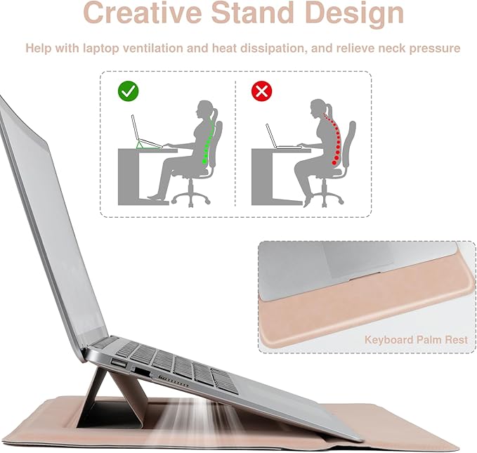 Allinside 13-14 Inch Laptop Sleeve Case for MacBook Pro 14" 2021-2024/MacBook Air 13" 2010-2017/MacBook Pro 13" 2010-2015, Waterproof PU Matte Leather Sleeve with Stand & Accessory Pouch, Pale Pink