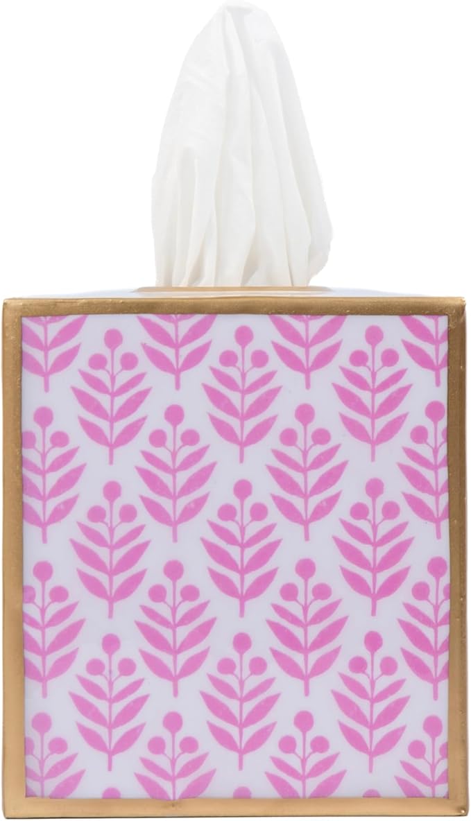 Jaye's Studio Lottie Cube Tissue Box Cover Square, Enameled Metal Gold Tissue Holder for Bathroom, Bedroom, Office, Vanity Pink and White Bathroom Decor Accent, Floral Boho Bathroom Accessories Decor