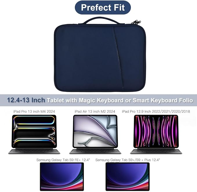 12.9 Inch Tablet Carrying Bag for Samsung Galaxy Tab S9+ Plus/S8+/S7+ Plus/S7 FE 12.4" & 13 inch iPad Pro M5 M4, iPad Air M3 M2 2025 2024, Surface Pro 11 Snapdragon,10,9,8,X,7+,7,6,5 Sleeve Case-Blue