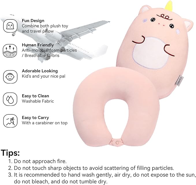stocaggio Kids Travel Pillow - 2-in-1 Deformable Kids Neck Pillow for Traveling, Soft U-Shaped Pillow with Adorable Animal Design, Comfy Sleep and Play, Ideal for Airplanes and Cars - Pink Unicorn