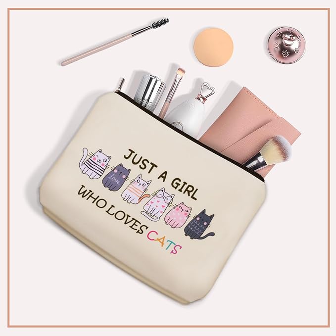 Girlly Cat Makeup Bag For Cat Lover Valentines Day Gifts: Cosmetic Bag & Toiletry Pouch Just A Girl Who Love Cats Themd For Mom, Daughters, Friends,Teen Girl & Women.Ideal Gifts For Travel, Birthdays.