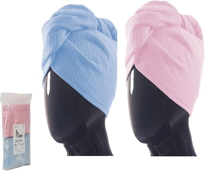 SELARUS 100% Turkish Cotton Hair Towel Wrap for Women,Non Microfiber,Super Absorbent,AntiFrizz,Plopping Hair Drying Waffle Bath Towels for Curly,Long&Thick Hairs,Head Wrap,2 Pack10x26inc (Pink+Blue)