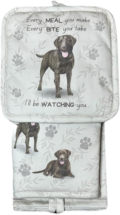 Chocolate Labrador 3-Piece Kitchen Set - Oven Mitt, Pot Holder & Kitchen Towel Set, Heat Resistant up to 420 F, Soft Quilted Cotton for Cooking, Baking, BBQ, Pet Lover Gifts (Labrador Chocolate)