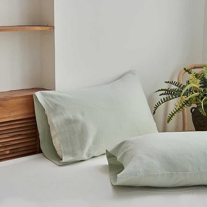 Simple&Opulence Belgian Linen Sheet Set Solid Color - 4 Pieces (1 Flat Sheet, 1 Fitted Sheet & 2 Pillowcases) Natural Flax Cotton Blend Soft Breathable Farmhouse Bedding - Full Size, Mint Green