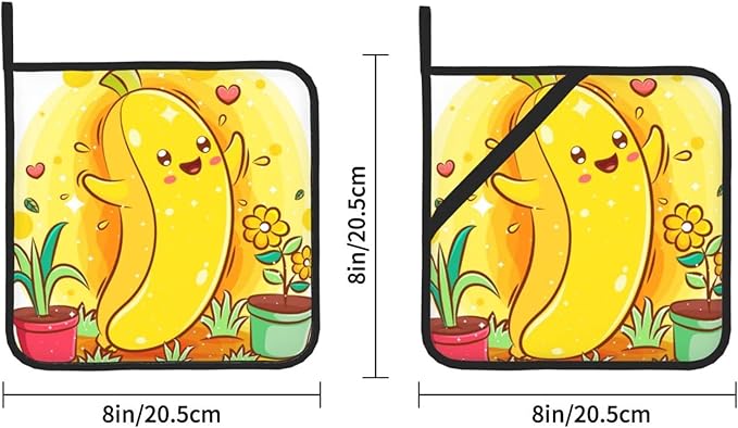 Cute Banana Pattern Pot Holders Set of 2 Heat Resistant & Non Slip Potholders, Watercolor Art Style Fire Oven Hot Pads for Kitchen Cooking Baking Barbecue