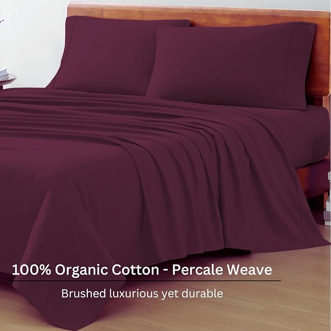 LANE LINEN 100% Organic Cotton Sheets King Size, Machine Washable Fully Elasticized Low Pill Fade Resistant Cotton Sheets, Soft & Comfy Percale Eco Friendly sábanas King - Windsor Wine
