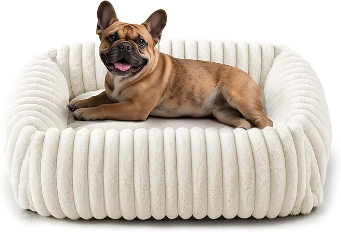 FURTIME Dog Bed Medium Size Dog, Washable Orthopedic Pet Bed with Removable Cover, Rectangle Soft Calming Sleeping Puppy Bed Durable Pet Cuddler with Anti-Slip Bottom, Cream, M Plus (30"x24"x8")