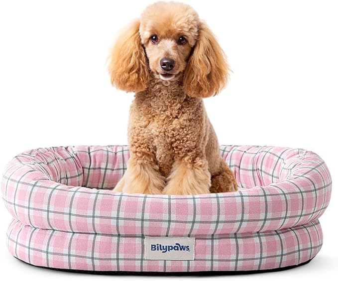 bilypaws Orthopedic Dog Bed for Medium Size Dogs, Pet Sofa Bed with Egg Crate Foam, 4-Sided Bolster, Removable Washable Cover & Anti-Slip Bottom, Medium Pink Plaid