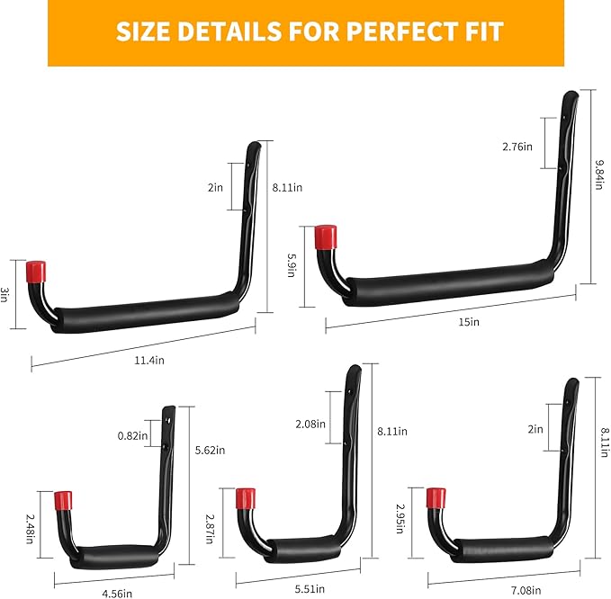 CRXCRC 6 Pack Garage Hooks Heavy Duty, Utility Steel Hooks with EVA Foam Padding, 11.4inch Wall Mount J Organizer Hanger for Hanging Bikes Kayak Garden Tool Hose Bike Shelf