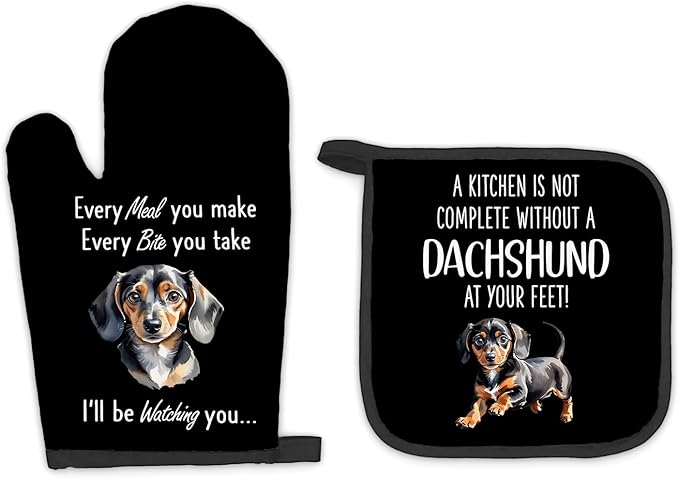 Dachshund Gifts Dog Oven Mitts and Pot Holders Sets, Weiner Dog Gifts Kitchen Accessories Sets, Complete Without a Dachshund Dog Black Heat Resistant Oven Glove Potholder for Kitchen Baking