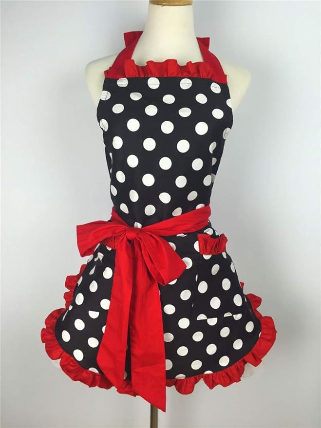 Hyzrz Cute Apron Retro Black Polka Dot Retro Ruffle Side Vintage Cooking Aprons with Pockets for Women Girls (Side Red)
