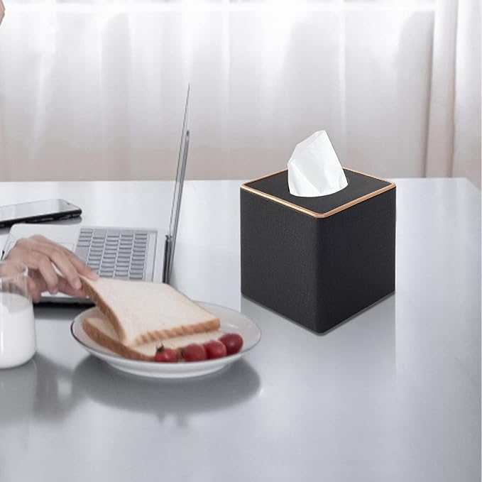 RHCSZ Linen Square Tissue Box Cover,Cube Tissue Box Holder－Excellent Rosegold Leather Decoration,Table Napkin Case Dispenser,Facial Tissues Organizer with Magnetic Bottom for Home Office Car(Black)
