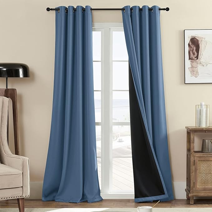 Rutterllow 100% Blackout Curtain 84 Inch Length 2 Panels Set, Room Darkening Thermal Insulated Window Treatment for Bedroom, Noise Reduction Privacy Drapes with Grommet Top for Living Room(Stone Blue)