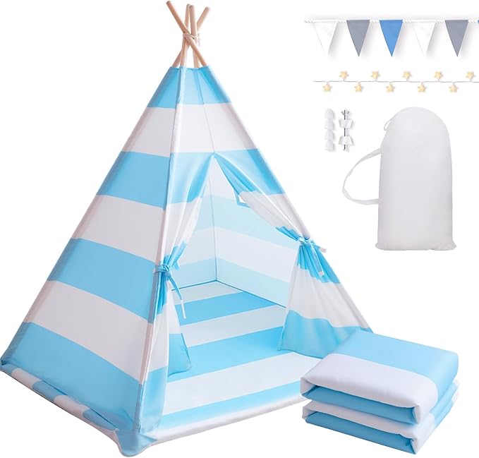 xiaowantong Teepee Tent for Kids with Padded Mat, Lights, and Carry Bag, Washable Playhouse for Indoor Use, Ideal Play Tent for Girls and Boys,Stripe Blue
