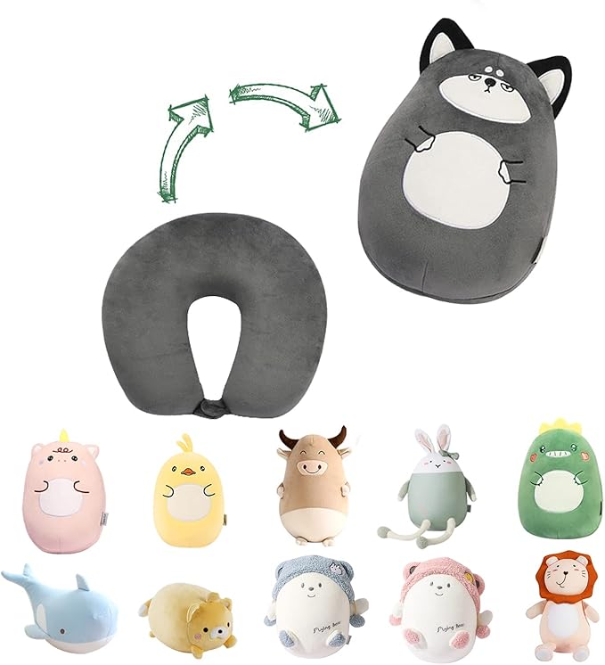 stocaggio Kids Travel Pillow - 2-in-1 Deformable Kids Neck Pillow for Traveling, Soft U-Shaped Pillow with Adorable Animal Design, Comfy Sleep and Play, Ideal for Airplanes and Cars - Gray Husky