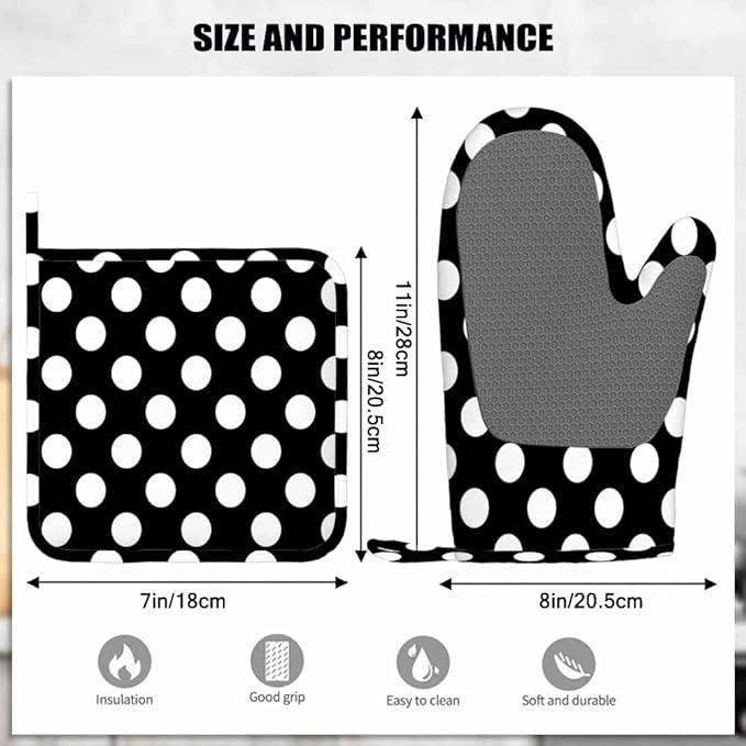 Mxocom Polka Dot Oven Mitt and Pot Holder with Silicone Black White Round Circle Heat Resistant Kitchen for Cooking BBQ Baking Grilling Spring/Summer