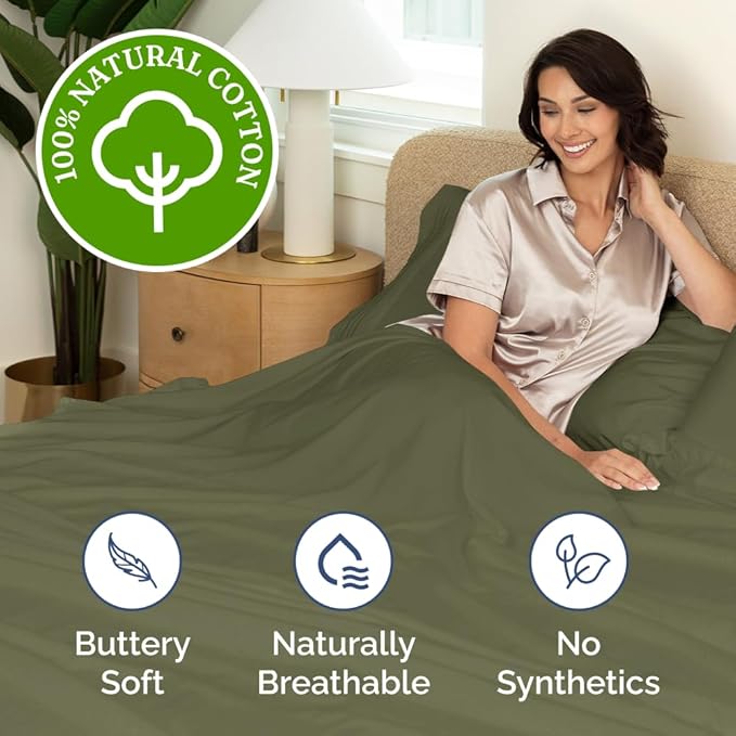 400 Thread Count Cotton Sheet Set - Twin Size 100% Cotton Sheets - Easily Fits 8" to 16" Mattress - Silky-Soft, Wrinkle Free, Breathable & Comfy - Deep Pockets & Hotel Quality Bedding Set - Sage Green