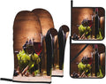 Vintage Glasses Wine Grapes Oven Mitts and Pot Holders Sets of 4 Vintage Grapes Kitchen Mitts Heat Resistant Oven Gloves Set Potholders for Kitchen Baking Grilling BBQ