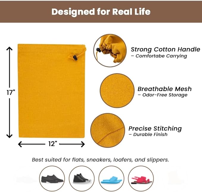 LFH Cotton Rich Shoe Storage Bags with Drawstring, Dustproof Breathable Reusable Organizer, Perfect For Travel, Dorm, Hotel, College, Gym, Easy to Carry, Machine Washable 12"x17" (Pack of 6) - Golden