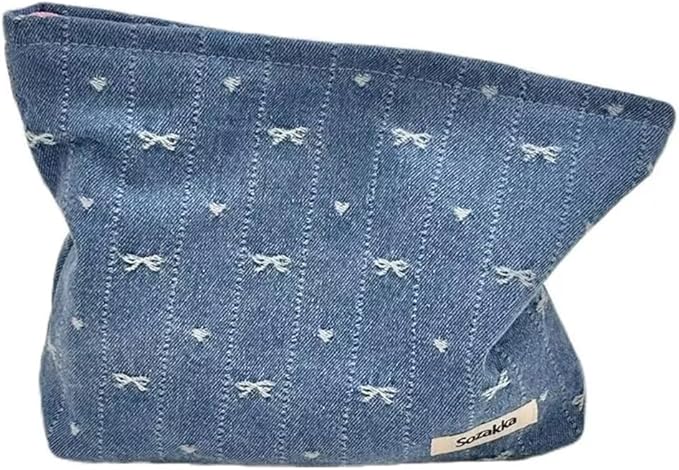 SxoSyo Cosmetic Bags for Women Makeup Bag Large Capacity Purse Travel Toiletry Zipper Storage Pouch Make up Brushes Organizer for Gifts (bowknot, denim blue)