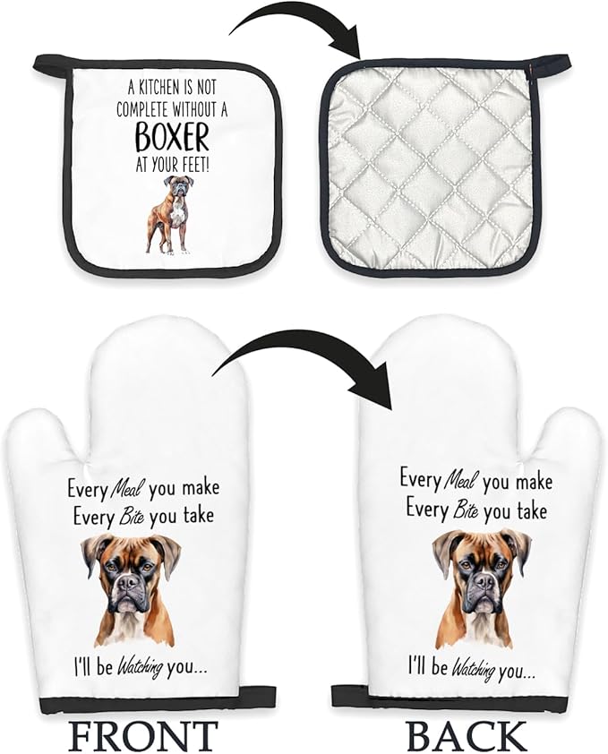 Boxer Dog Gifts Oven Mitts and Pot Holders Sets, Boxer Dog Decor Kitchen Accessories Sets, Complete Without a Boxer Dog Heat Resistant Oven Glove Potholders for Kitchen Baking Cooking