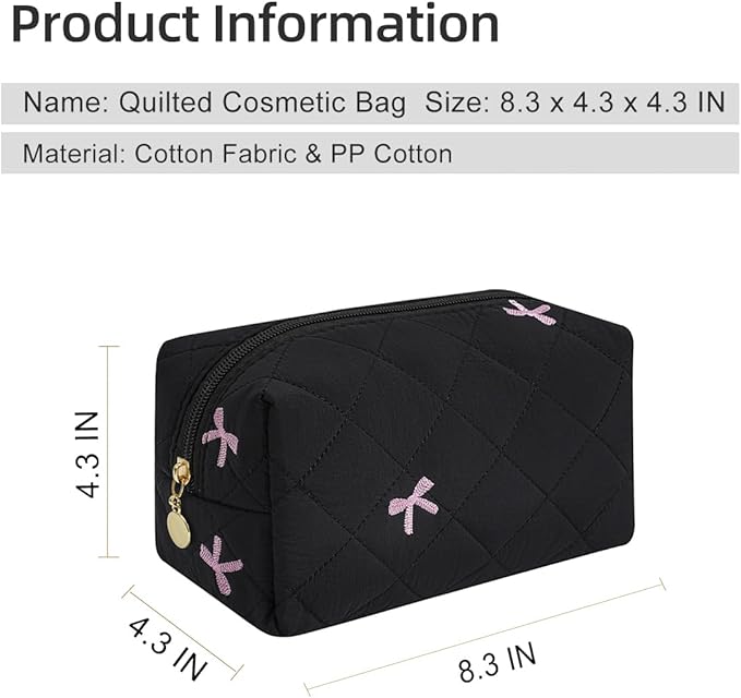 Gleyemor Small Quilted Makeup Bag for Women, Cute Floral Bow Cosmetic Bag, Emergency Bag Travel Toiletry Cotton Pouch Gifts for Girls Her Mom Friend Sister Bridesmaid (Black&Pink Bow)