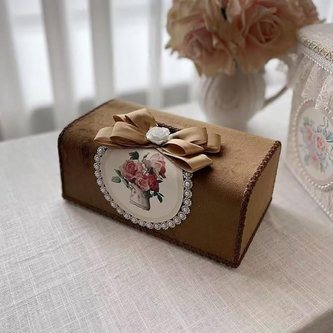 Tissue Cover Holder Fabric Art Cute Tissue Box Cover Dispenser Napkin Organizer for Bathroom Bedroom Office and Car (B - Coffee Color)