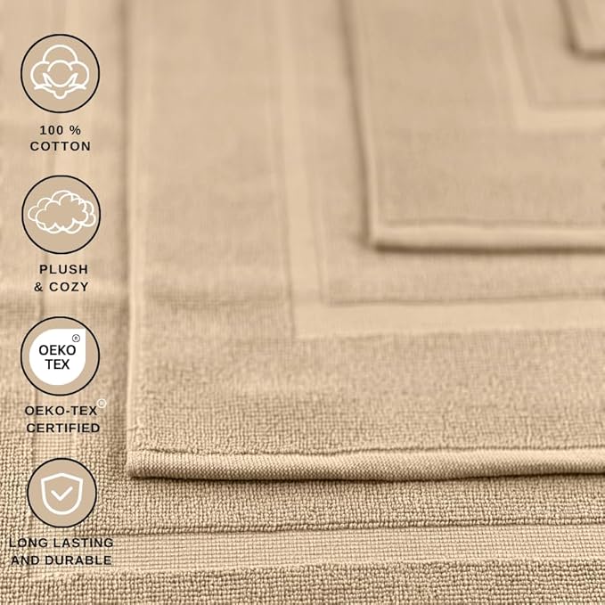 ELITE Emporium Home Collection 2-Piece Cotton Bathroom Mat Set, 21" x 34" - 100% Cotton, Absorbent, Quick-Dry, Bath Towel Mats for Floor, Beige [Not a Bathroom Rug]