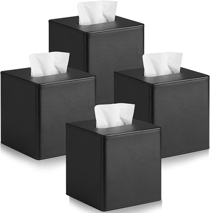 4 Pack PU Leather Tissue Box Cover Square Tissue Box Holder with Magnetic Closure, Black Tissue Box Cover, Black Tissue Box Holder, Decorative Tissue Holder for Bathroom Bedroom Office