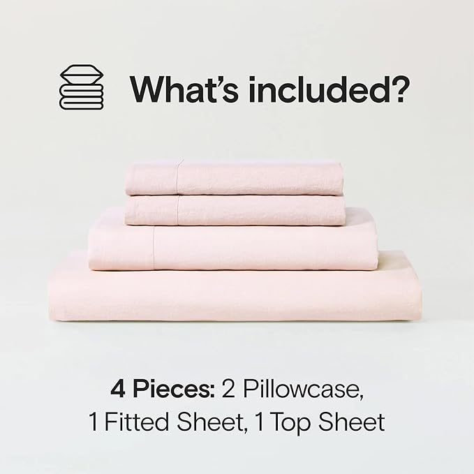 Sijo Stone Washed Organic French Linen Bed Sheet Set, GOTS Certified Organic, Best Cooling Linen Sheet Award by Sleep Foundation, 4 Piece - 2 Pillowcases, 1 Fitted and 1 Flat (Blush, King)