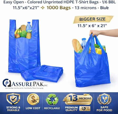 ASSUREPAK Easy Open - 1000 Bags- Colored Unprinted HDPE T-Shirt Bags - 1/6 BBL 11.5"X6"X21" - 13 microns - Blue - LOOP-BLUE-EO
