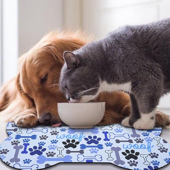 Dog Food Mats for Floors Waterproof, Pet Feeding Absorbent Water Bowl Mat Cat Placemats Blue Bone Shape 25.5 * 17 inch