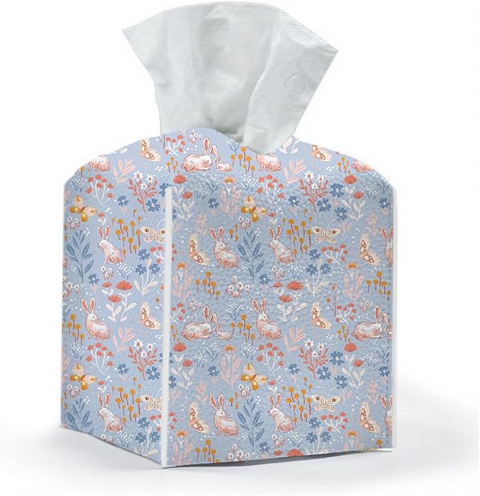 Tissue Box Cover, Tissue Box Holder, Square with Belt Bottom, PU Leather Decorative Organizer for Desk, Tabletop, Countertop Bathroom, Toilet Car, Office, Dresser, Rabbit Butterflyc Flower Decor