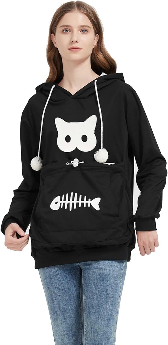 Gets Pet Cat Dog Pouch Hoodie Kitten Puppy Holder Carrier Long Sleeve Kangaroo Pocket Hoodie Unisex (Black,XXL)