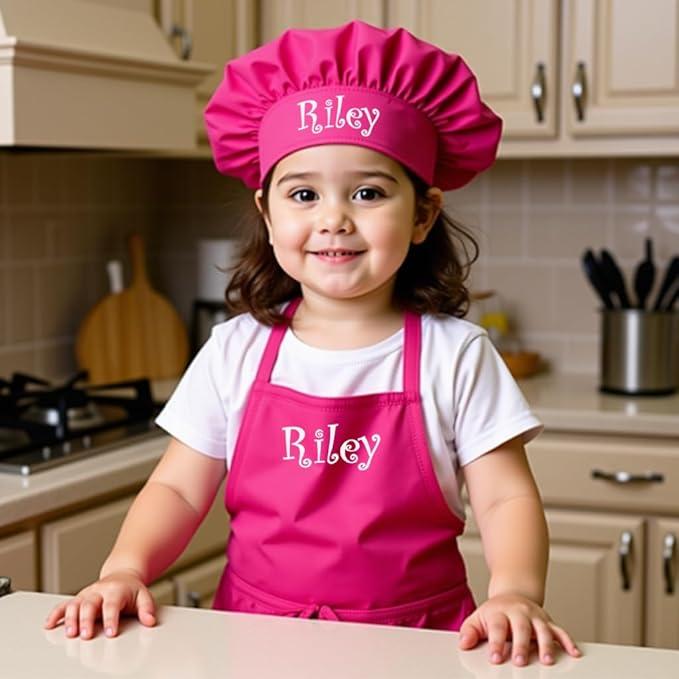 Made in the USA Personalized Embroidered Premium Child Apron and Chef Hat for Kids Girls Boys Fun in the Kitchen Gift (Add a Name Set, Long with hat)