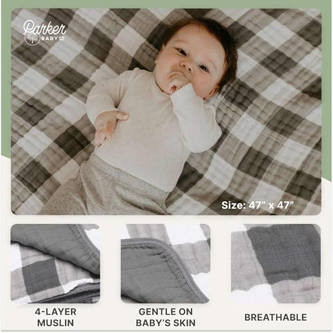 Parker Baby Muslin Blanket | 100% Soft Cotton Toddler Quilt & Baby Muslin Swaddle | Gender Neutral Design 47" x 47" Blanket