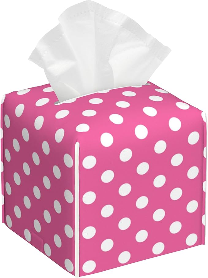 Pink Polka Dot Tissue Box Cover Square Leather Tissue Holder Waterproof Facial Paper Organizer Dispenser Cube Paper Cover Case for Home Office Bathroom Vanity Countertop