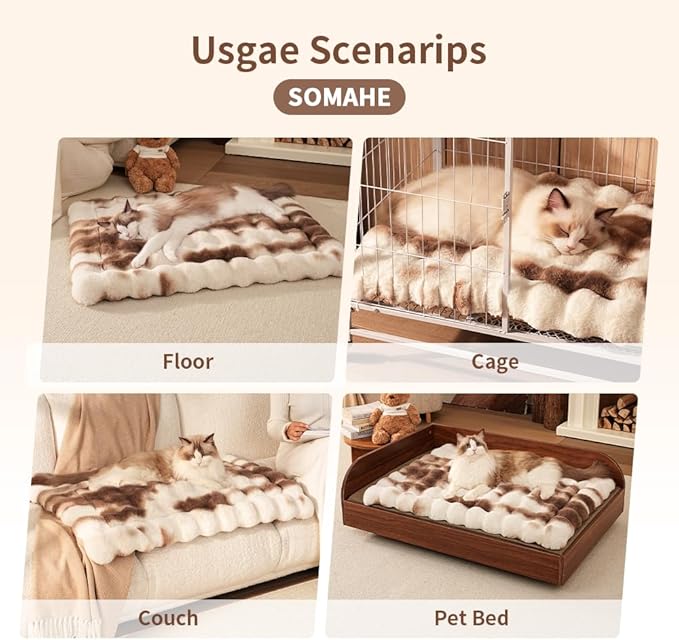 SOMAHE Cat Bed Ultra Soft Plush Machine Washable Pet Mat with Non-Slip Rubber Bottom for Indoor Cats & Dogs Faux Fur Cushion Pad for Floor Couch Carrier for Kittens & Puppies 23 x 15 Inch Medium Brown