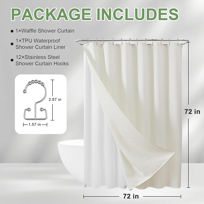 ROLIZOE 3-in-1 Waffle Texture Shower Curtain Set with TPU-Coated Waterproof Liner and 12 Upgraded Double-Sided Hooks, Well-Matched Sizes for a Seamless Fit – Beige, 72" x 72"