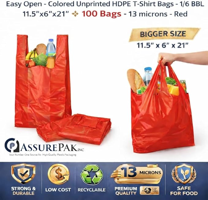 ASSUREPAK Easy Open - 100 Bags - Colored Unprinted HDPE T-Shirt Bags - 1/6 BBL 11.5"X6"X21" - 13 microns - Red - Perfect for Groceries, Shopping and Retail Stores LOOP-RED-EO