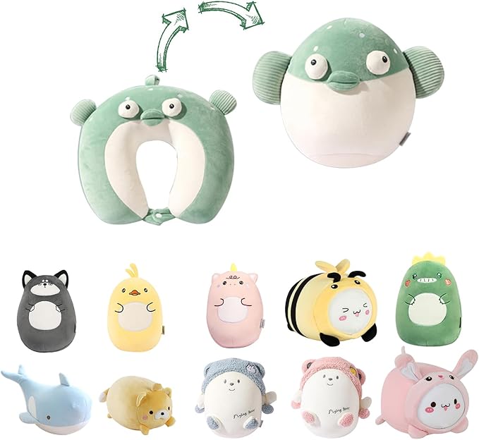 stocaggio Kids Travel Pillow - 2-in-1 Deformable Kids Neck Pillow for Traveling, Soft U-Shaped Pillow with Adorable Animal Design, Comfy Sleep and Play, Ideal for Airplanes and Traveling (Green Fish)