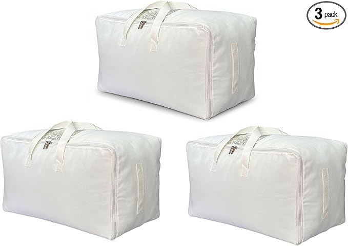 DoYiKe Soft Canvas Clothes Storage Bags with Four Carrying Handles and Clear Window, Closet Organizer for Clothing, Blankets Sheets Pillows and Bedding, 55L, 3 Pack, White